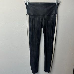 Spanx black faux leather leggings side Stripe size XL.